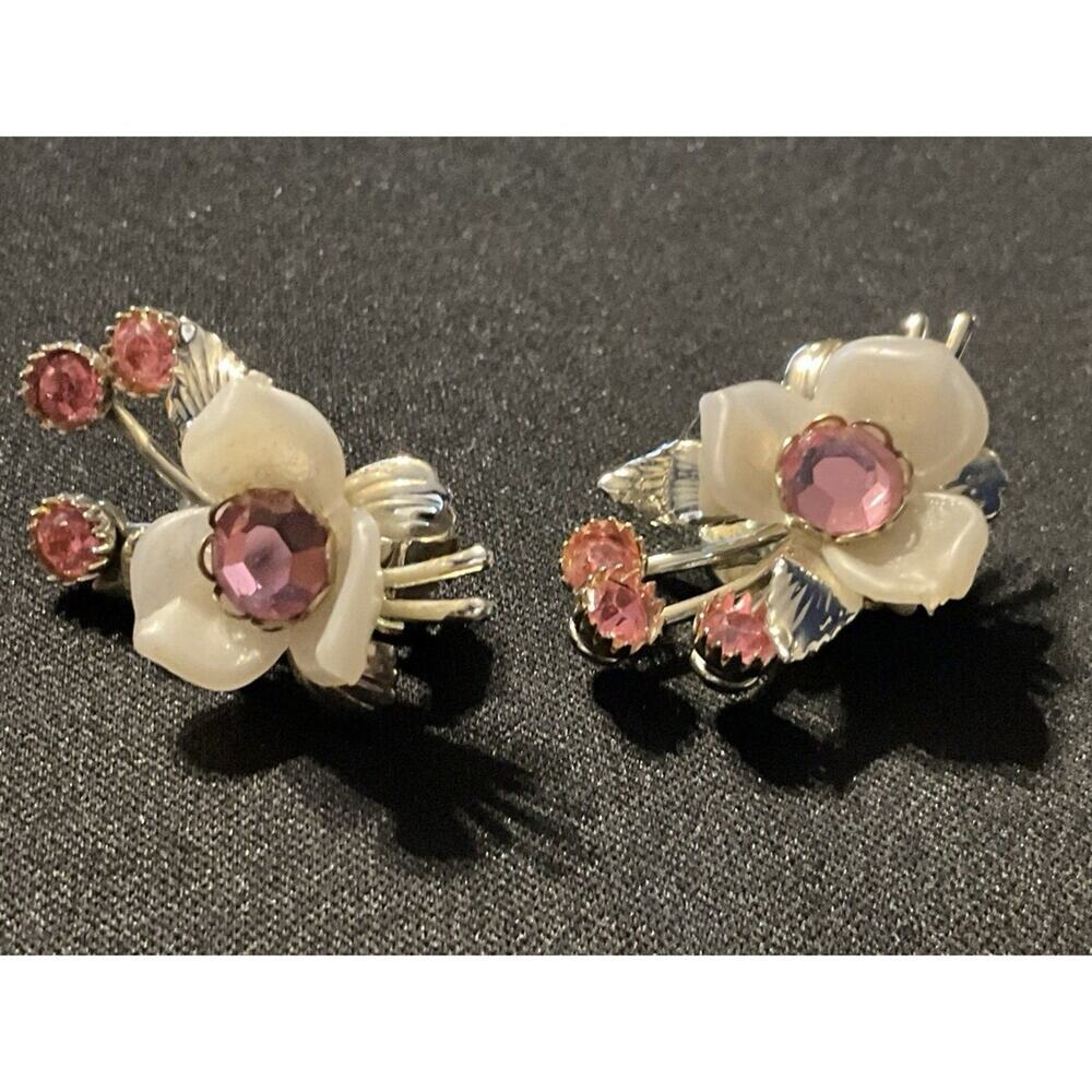 Vintage Celluloid Pink Flower W/ Rhinestones Clip On Earrings